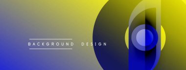 Soyut gradyan arkaplan özellikleri üst üste binen daireler, kareler. Mavi, sarı renkler modern görsel efektler yaratır. Metin arkaplan tasarımı okur.