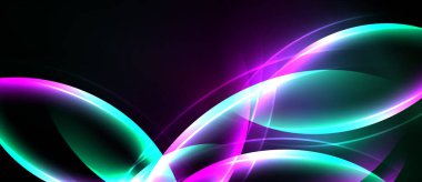 Soyut akış çizgileri, canlı mor, deniz mavisi renkleri. Dinamik ışık fütüristik bir his yaratır. Düz eğimler, koyu arkaplan.
