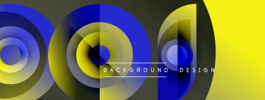 Soyut daireler çakışıyor, dinamik görsel etki yaratıyor. Mavi, sarı renkler koyu arkaplana hakim. Metin arkaplan tasarımı okur.