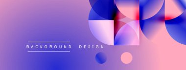 Soyut arkaplan özellikleri üst üste binen daireler, kareler. Renkler mor, pembe ve mavi renkleri harmanlıyor. Minimalist metin arkaplan tasarımı okur.