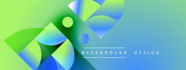 Soyut geometrik şekiller canlı yeşil, mavi renkleri harmanlarlar. Modern tasarım akıcılığı, yeniliği, dijital sanatı öneriyor. Arkaplanda metin ögeleri.
