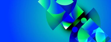 Parlak mavi, yeşil şekilli soyut bir kompozisyon. Geometrik formlar, dinamik görsel efekt oluşturur. Yumuşak eğimler derinliği artırır.