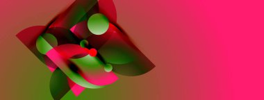 Soyut kompozisyonda canlı yeşil, kırmızı renkler bulunur. Şekiller örtüşür ve dinamik görsel efekt yaratır. Altından mora geçişler.