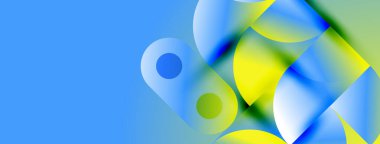 Üst üste binen daireler, canlı maviler, sarılar ve yeşillikler içeren soyut kompozisyon. Yumuşak gradyanlar dinamik görsel efekt yaratır.