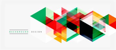 Soyut geometrik tasarım. Üst üste binen üçgenler canlı ve renkli desenler oluşturuyor. Modern estetik, arka planlar ve sunumlar için uygun..