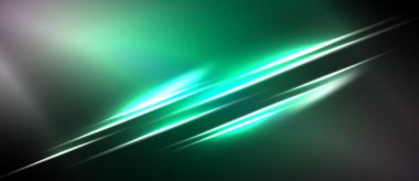 Koyu arkaplanda soyut yeşil ışık çizgileri var. Pürüzsüz gradyanlar dinamik görsel efekt yaratır. Minimalist tasarım, modern estetik.