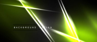 Soyut neon hatları dinamik arkaplan oluşturur. Parlak yeşil, sarı parıltı karanlık uzayın zıttı. Modern tasarım ögesi.