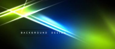 Soyut tasarım parlak mavi, yeşil ışık çizgilerine sahiptir. Karanlık arka plan dramatik görsel efektler yaratır. Modern, enerjik kompozisyon.
