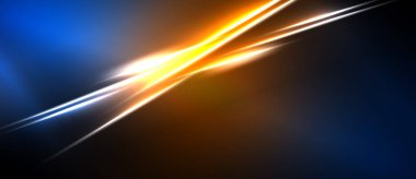 Soyut enerji çizgileri, parlak mavi, turuncu renkler. Dinamik ışık efektleri dramatik görsel etki yaratır. Minimalist tasarım, koyu arkaplan.