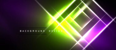 Parlak neon hatları kesişiyor, dinamik geometrik desen oluşturuyor. Canlı mor, yeşil, sarı renkler koyu arkaplana hakim. Modern tasarım ögesi.