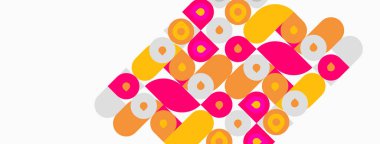 Soyut desen renkli yuvarlak şekiller içerir. Pembe, turuncu, sarı elementler, dinamik görsel doku oluşturur. Basit tasarım.