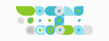 Soyut şekiller, daireler, dikdörtgenler, yeşil, mavi renkler. Minimalist tasarım, eğlenceli kompozisyon, basit geometri, modern estetik.