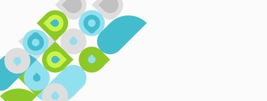 Soyut şekiller, yeşil ve mavi renkler, basit tasarım. Temiz bir arkaplan yeterli negatif alan sağlar. Modern estetik.