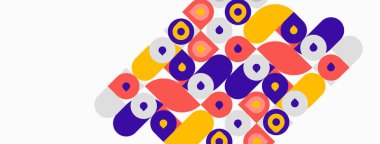 Soyut geometrik desen. Üst üste binen şekiller, daireler, yuvarlak dikdörtgenler renkli mozaikler oluşturur. Modern tasarım, canlı renkler kompozisyona hakim..