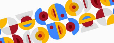 Soyut geometrik desen. Çemberler, kareler, dikdörtgenler çaprazlama tekrarlanıyor. Kırmızı, mavi, sarı renkler beyaz arkaplana hakim. Modern tasarım.