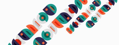 Renkli daireler, kareler, dikdörtgenler kesişiyor. Geometrik şekiller canlı desenler yaratır. Minimalist tasarım, modern estetik.