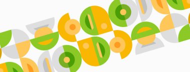 Soyut geometrik desen. Çemberler, kareler örtüşüyor canlı ve oyuncu bir tasarım yaratıyorlar. Yumuşak renkler kompozisyona hakim.