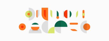 Soyut geometrik şekiller, sessiz renkler, minimalist tasarım. Bileşim daireler, üçgenler, eğriler, çizgiler içerir. Modern estetik.