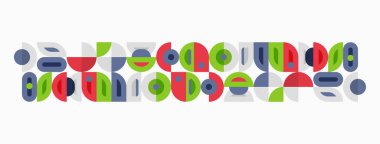 Soyut geometrik desen. Şekiller daireler, kareler, dikdörtgenler, çizgiler içerir. Renkler soluk yeşil, mavi, gri, kestane rengi. Minimalist tasarım.