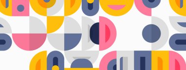 Soyut desenler üst üste binen renkli yarım daireler ve daireler içeriyor. Şekiller neşeli, modern tasarım yaratır. Arkaplan beyaz.