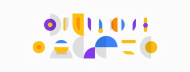 Soyut geometrik şekiller, canlı renkler, minimalist tasarım. Bileşik özellikler çemberler, kavisler, çizgiler, oyuncu düzenleme.