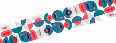 Soyut geometrik şekiller köşegen olarak tekrarlanır. Teal, kırmızı, gri renkler tasarımda baskın. Minimalist desen görsel ritim yaratır.