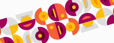 Soyut geometrik desen. Daireler, yarı daireler, dikdörtgenler örtüşüyor ve canlı bir görsel doku oluşturuyor. Sıcak renkler tasarıma hakim.