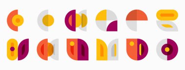 Geometrik şekiller, daireler, dikdörtgenler, bölümler. Sıcak renk paleti tasarıma hükmediyor. Minimalist estetik, düz illüstrasyon tarzı.