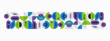 Soyut geometrik desen. Şekiller daireler, kareler, dikdörtgenler içerir. Mor, deniz mavisi, mavi renkler dizaynda baskın. Minimalist estetik.