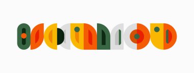 Retro tasarım soyut desen oluşturan renkli yarı daireler içerir. Minimalist estetik, sıcak tonlar kompozisyona hakim. Basit şekiller görsel ritim yaratır.