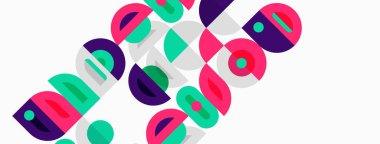 Soyut geometrik şekiller örtüşür, canlı renkli tasarım yaratır. Modern estetik, oyuncu kompozisyon, basit biçimler imaja hakim..