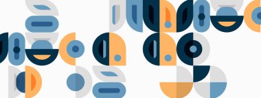 Soyut geometrik desen. Şekiller üst üste biniyor ve orta çağ modern estetiği yaratıyor. Renkler arasında mavi, turuncu, gri var. Basit tasarım.