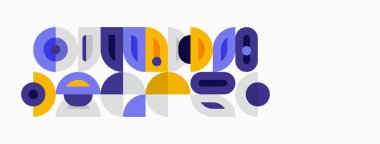 Soyut geometrik şekiller renkli metinler oluşturur. Çemberler, kareler, dikdörtgenler uyumlu bir tasarım yaratıyor. Modern estetik, canlı renkler sunar.