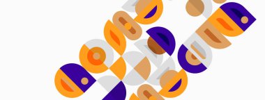 Soyut geometrik şekiller örtüşür, canlı görsel doku oluşturur. Renkler arasında mor, turuncu, bej, beyaz var. Modern tasarım ögesi.