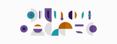 Soyut şekiller, mor, deniz mavisi, gri, turuncu renkler kompozisyona hakim. Minimalist tasarım, geometrik biçimler eğlenceli bir sahne oluşturur.