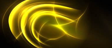 Parlak sarı girdaplar koyu arka planda baskın. Düz eğriler dinamik enerji yaratır, hareket, ışık, soyut tasarım önerir.