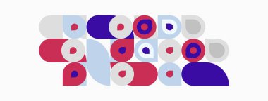 Soyut geometrik şekiller, daireler, ovaller, mor, pembe, gri. Minimalist tasarım, neşeli kompozisyon, modern estetik. Basit biçimler.