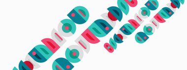 Soyut geometrik şekiller çakışıyor, dinamik görsel desen oluşturuyor. Renkler arasında deniz mavisi, kırmızı, siyah, pembe var. Basit tasarım.