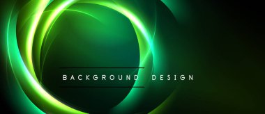 Koyu yeşil arka plan parlak neon dairesel katmanlara sahiptir. Metin, parlayan şekillerin ortasındaki arkaplan tasarımını okur. Modern soyut görsel.