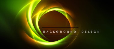 Soyut tasarım canlı parlak girdaplar içerir. Yeşil, sarı, turuncu renkler koyu arkaplana karışıyor. Metin arkaplan tasarımı okur.