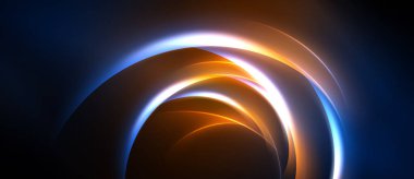 Soyut tasarım parlak kavisler, katmanlı şekiller, koyu arkaplan. Sıcak renkler serin tonlarla harmanlanarak dinamik görsel efekt yaratır.