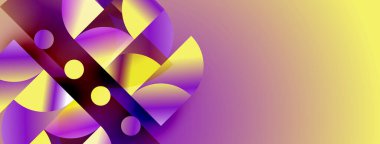 Soyut geometrik şekiller, mor, sarı renkler harmanlanır. Gradyan arka plan dinamik görsel efekt yaratır. Modern tasarım elemanları.