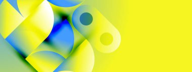 Soyut şekiller harmanlanır, parlak sarı ve mavi renkler yaratır. Düz kıvrımlar hareketi, derinliği gösterir. Minimalist tasarım modern estetiği çağrıştırıyor.