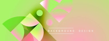 Soyut geometrik şekiller çakışıyor. Renkler karışık kireç yeşili, pembe, sarı. Modern tasarım elementleri dinamik görsel doku oluşturur.