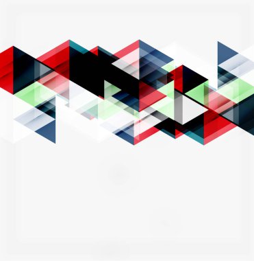 Soyut geometrik tasarım. Üst üste binen üçgenler dinamik görsel efekt yaratır. Renkler kırmızı, siyah, yeşil, gri. Minimalist kompozisyon.