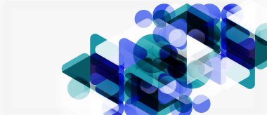 Soyut geometrik şekiller örtüşür, dinamik mavi bileşim yaratır. Çemberler, kareler harmanlanır, modern görsel dokuyu oluşturur..