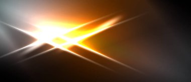 Parlak ışıklar merkezden yayılır. Turuncu, beyaz renkler koyu arkaplana hakim. Soyut enerji, dinamik görsel etki.