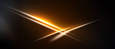 Parlak köşegen çizgiler kesişiyor. Altın parıltı, karanlık arka planda merkez noktadan yayılır. Soyut ışık efekti.