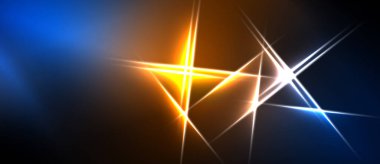 Soyut ışık çizgileri kesişir. Canlı mavi, turuncu, sarı renkler koyu arkaplana hakim. Dinamik enerji merkezi noktadan yayılır.