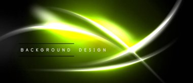 Parlak neon çizgiler koyu arkaplan üzerinde eğridir. Canlı yeşil, sarı renkler soyut tasarım yaratır. Metin arkaplan tasarımı okur.